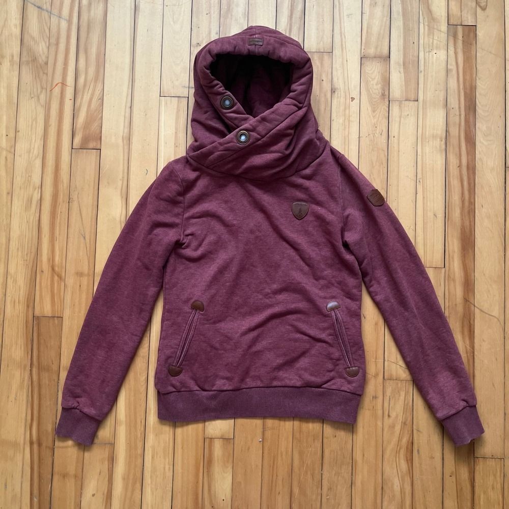 Wanakome Burgundy Heathered Cowl Neck Hoodie With Button Size S No Drawstrings